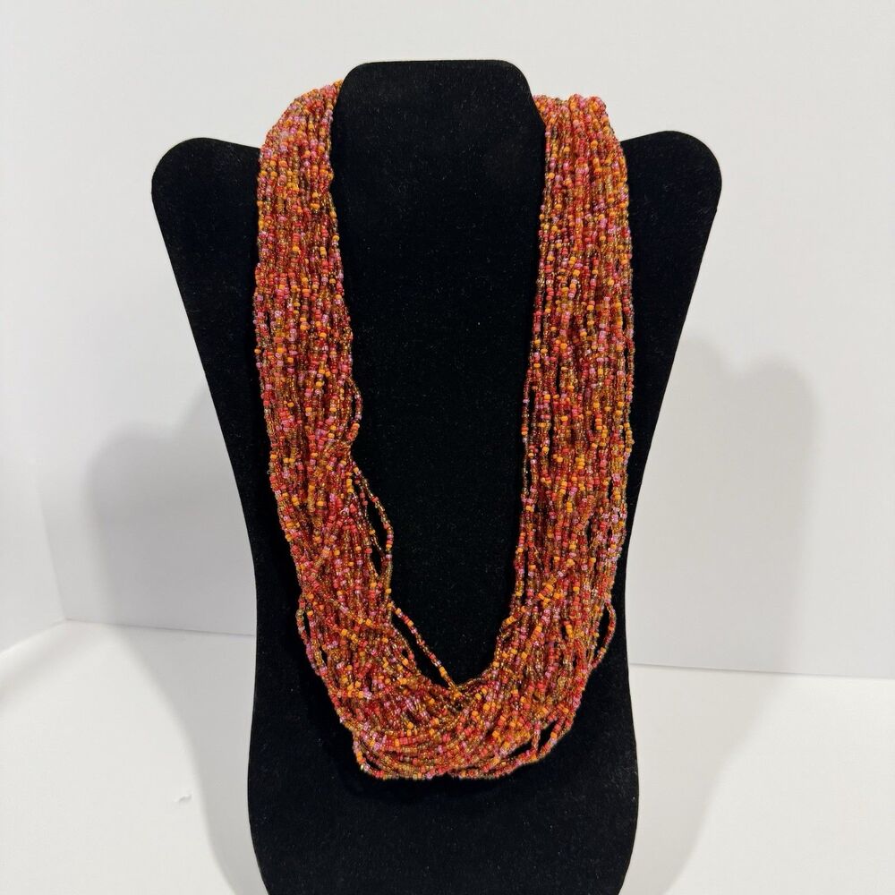 Vtg Necklace red and orange seed beads 30 strands 20 in long crocheted ends - Picture 8 of 8